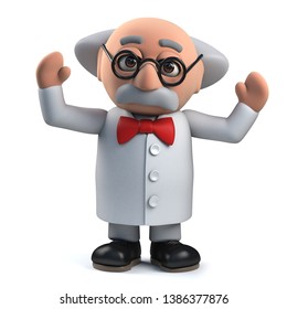Render of a 3d Mad scientist professor character is excited at a discovery