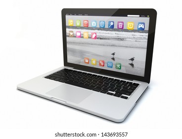 render of a computer with apps on th screen