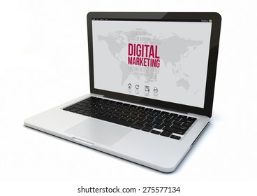 render of a computer with digital marketing on the screen