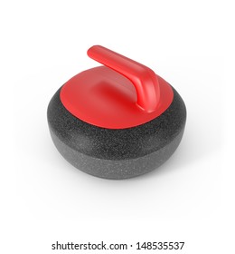 Render of Curling Stone with Red Handle isolated on white - 3d illustration