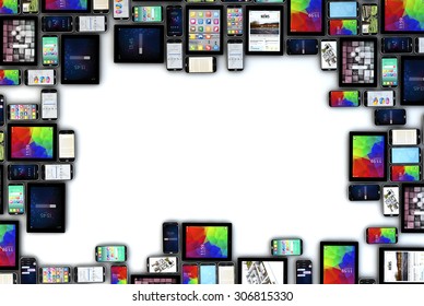 Render Of A Devices Collection With Blank Space In The Middle. All Screen Graphics Are Made Up.