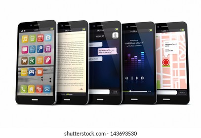 render of five smart phones with different apps on the screen