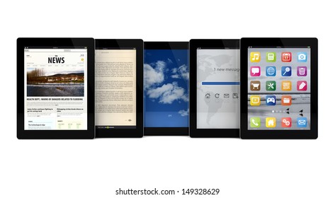 render of five tablets with different apps on the screen