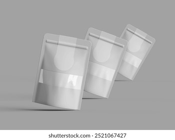 Render of a glossy doypack with transparent window and top sticker label on a light background