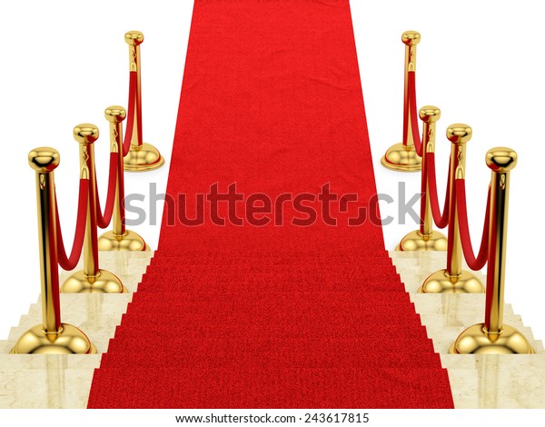 render of gold\
stanchions and a red\
carpet