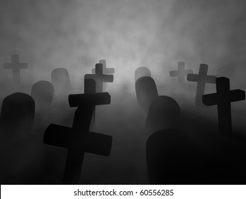 A Render Of A Graveyard In A Foggy Night