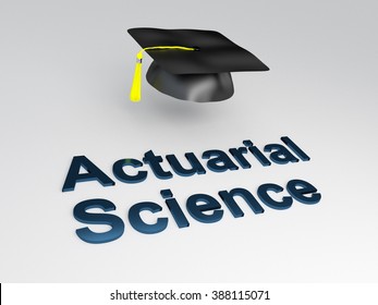 Render illustration of Actuarial Science script under a graduation hat