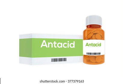 Render Illustration Of Antacid Title On Pill Bottle, Isolated On White.