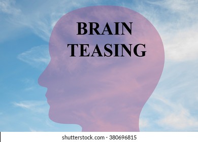Render illustration of Brain Teasing title on head silhouette, with cloudy sky as a background.