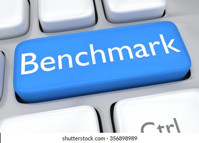 Render illustration of computer keyboard with the print Benchmark on pale blue button