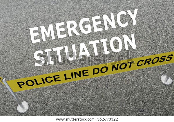 Render illustration of Emergency Situation title\
on the ground in a police\
arena\
