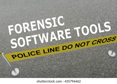 Render illustration of "FORENSIC SOFTWARE TOOLS" title on the ground in a police arena. Police concept