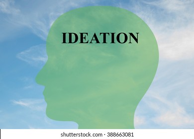 Render Illustration Of Ideation Title On Head Silhouette, With Cloudy Sky As A Background