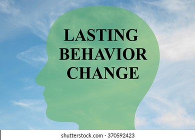 Render Illustration Of Lasting Behavior Change Title On Head Silhouette, With Cloudy Sky As A Background