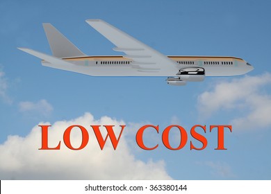 Render illustration of Low Cost Flight title on cloudy sky as a background, under an airplane.