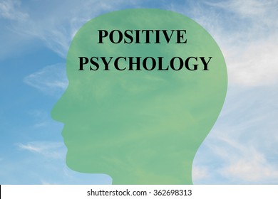 Render Illustration Of Positive Psychology Title On Head Silhouette, With Cloudy Sky As A Background