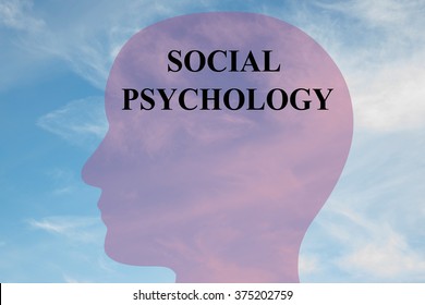 Render Illustration Of Social Psychology Title On Head Silhouette, With Cloudy Sky As A Background.