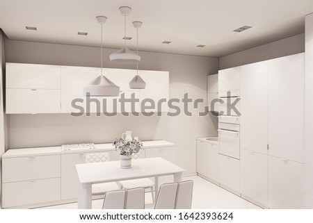Render interior design in Scandinavian style, living room and kitchen, white box. 3d illustration, rendered picture. Sofa, table with chairs and 3d decorative panels, TV system.