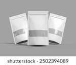 Render of a long glossy doypack with the window hole on a light background 