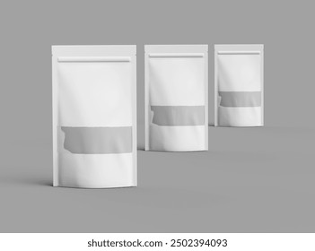 Render of a long glossy doypack with the window hole on a light background 