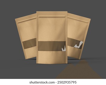 Render of a long paper doypack with the window hole on a dark background 