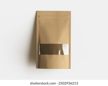 Render of a long paper doypack with the window hole on a light background 