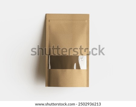 Render of a long paper doypack with the window hole on a light background 