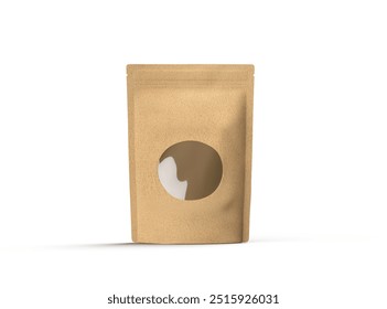 Render of a paper stand-up pouch with a transparent window on light background