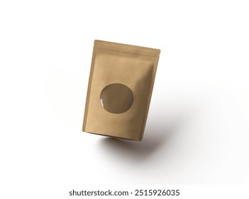 Render of a paper stand-up pouch with a transparent window on light background