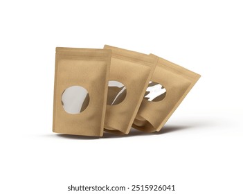 Render of a paper stand-up pouch with a transparent window on light background