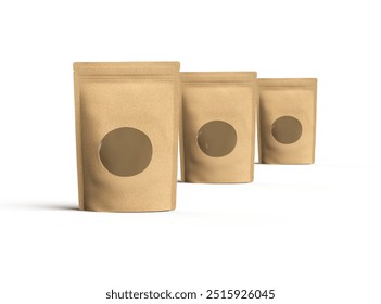 Render of a paper stand-up pouch with a transparent window on light background