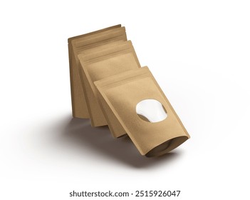 Render of a paper stand-up pouch with a transparent window on light background