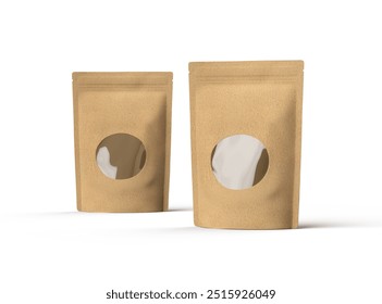 Render of a paper stand-up pouch with a transparent window on light background