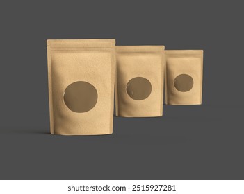 Render of a paper stand-up pouch with a transparent window on dark background