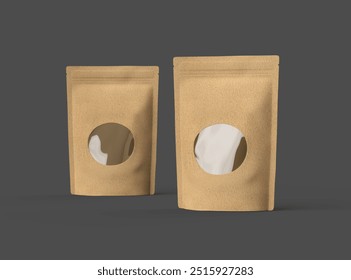 Render of a paper stand-up pouch with a transparent window on dark background