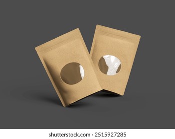 Render of a paper stand-up pouch with a transparent window on dark background