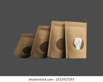 Render of a paper stand-up pouch with a transparent window on dark background