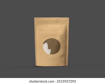 Render of a paper stand-up pouch with a transparent window on dark background