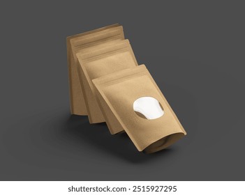 Render of a paper stand-up pouch with a transparent window on dark background