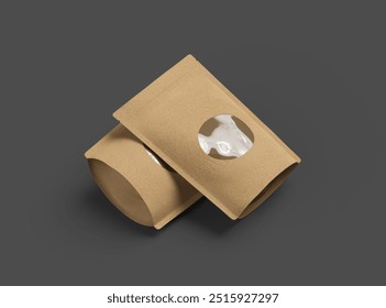 Render of a paper stand-up pouch with a transparent window on dark background