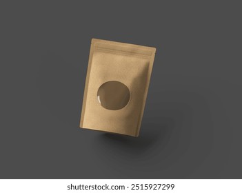 Render of a paper stand-up pouch with a transparent window on dark background