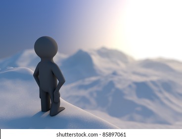 render of a person standing on a mountain with a view