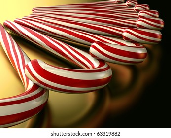 A Render Of A Pile Of Candy Canes Over A Gold Surface