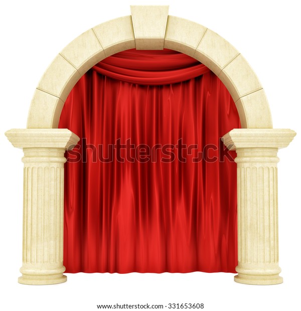 render of a red curtain behind pillars , isolated\
on white