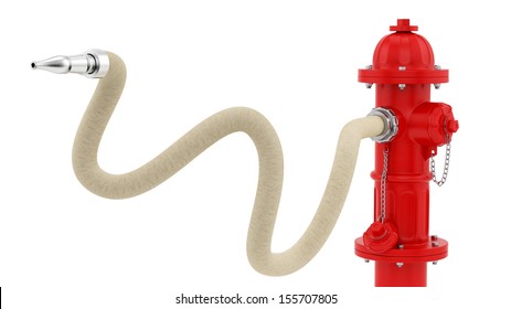 Render Of A Red Fire Hydrant With Hose, Isolated On White