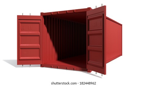 A Render Of A Red Shipping Container With Open Doors And Empty Inside On An Isolated White Background