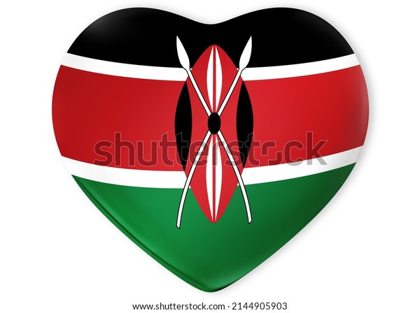 Render of the Republic of Kenya flag as shape of heart. Perfect for printing on T-shirts, posters, wall murals, wall murals, mugs, glasses, sun loungers, banners, roll-ups.