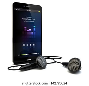 Render Of A Smartphone With A Music App On The Screen And Earphones
