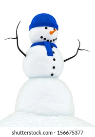 Render Of A Snowman With Blue Knitted Cap And Scarf, Isolated On White