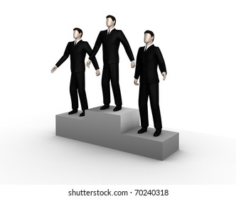 Render of three winners businessman stand on a podium